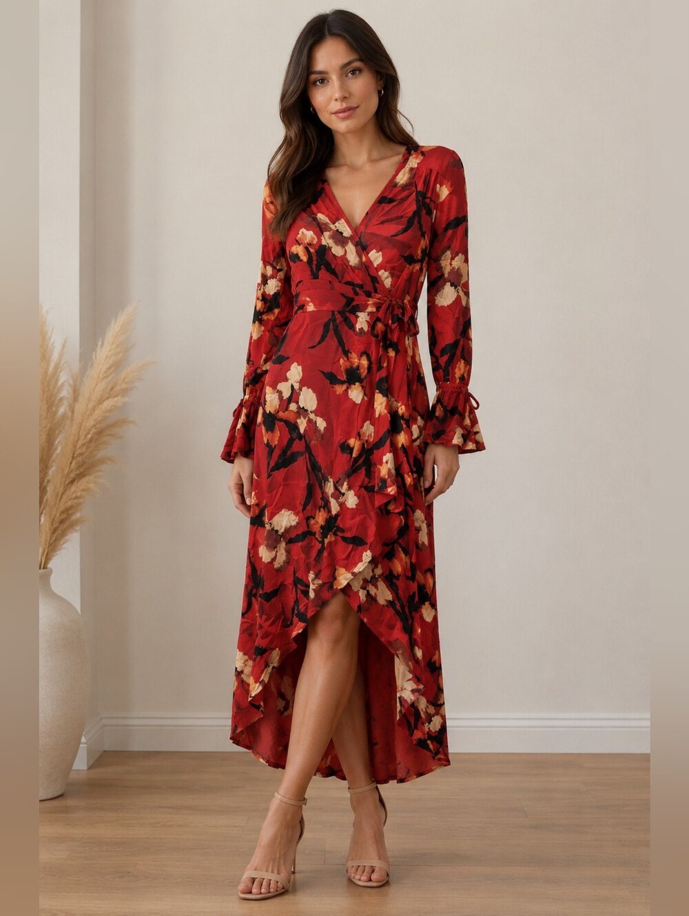 Band of the Free S Red Gold Floral High Low Wrap Maxi Dress NWT